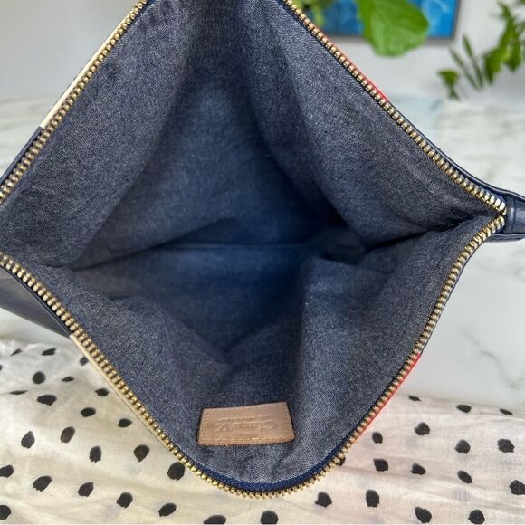 CLARE V. Super Flat Clutch Navy Red Cream Striped Leather Foldover Bag - Picture 9 of 9